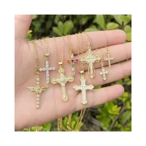Fashion Colorful Zircon Cross Charm Stainless Steel Gold Plated Catholic Virgin Mary Diamond Rhinestone Micro Pave Pendant