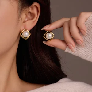 Fashion Geometric Square Stud Earrings With Pearl Cute Stainless Steel PVD Earrings Bulk Fine Jewelry Earrings