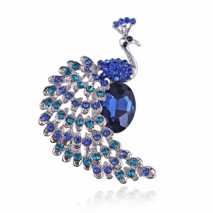 Fashion Jewelry Fancy Retro Blue Crystal Rhinestone Peacock Brooch for Ladies