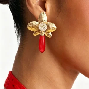 Fashion Jewelry Resin Water Drop Eardrops Earring Hammer Pattern Flower Beads Gold Drop Earrings