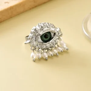 Faux Pearl Silver-Plated Open Ring with Devil Eye Design and Pearl Tassel for Women