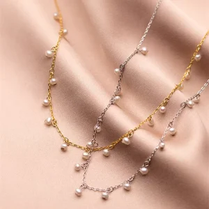 Fine 18k Gold Plated Mini Pearl Dangle Pendant 925 Sterling Silver Tassel Choker Necklace
