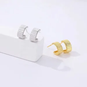 Fine Fashion Jewelry Gold Plated Minimalist Texture C Shape 925 Sterling Silver Stud Earrings