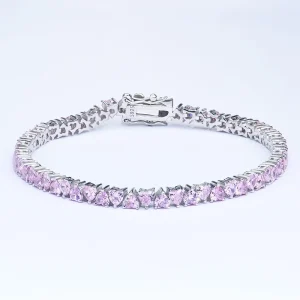 Fine Jewelry 925 Sterling Silver Rhodium Plated Heart Shape CZ Pink 01 4 Claw Tennis Link Chain Bracelet for Girl