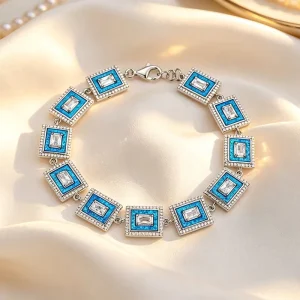 Fine Jewelry Authentic Solid 925 Sterling Silver Rectangle Synthetic Opal Link Bracelet with Center Emerald cut CZ