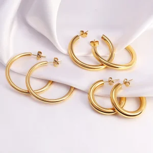 Fine Jewelry High Quality Simple Stainless Steel Gold Plated Large Hoop Earrings Big Thick Bold Hoop Earrings Women