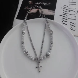Fine Jewelry Hip Hop Multi Layers Pearl Beads Stainless Steel Cross Pendant Necklace Accessories Women