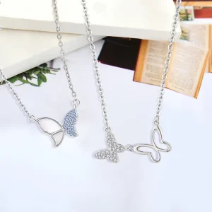Fine Jewelry Sterling Silver 925 Shell Butterfly Pendant Necklace With Green Stones for Girls