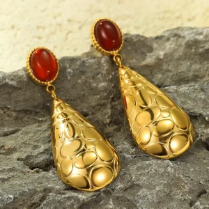 Fine Jewelry Water Drop Shape Vintage Oval Natural Stone Drop Earrings Women Stainless Steel Tear Drop Dangle Earring