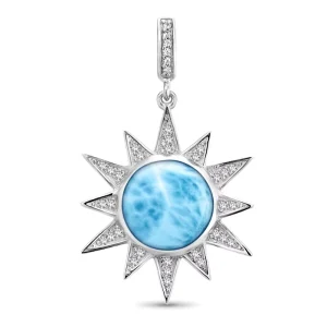 Fine Natural Blue Larimar Jewelry Rhodium Plated 925 Sterling Silver Round Cut Natural Larimar Pendant