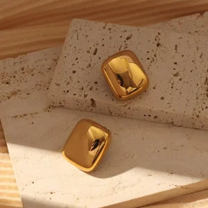 Fine Stainless Steel Hypoallergenic Gold Glossy Square Stud Earrings Women
