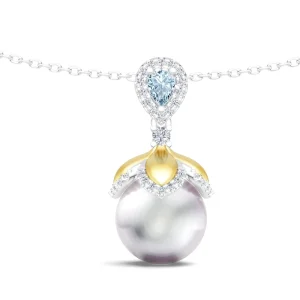 Flower 925 Silver Two Tone Light Blue Cubic Zirconia Synthetic Pearls Pendant Necklace