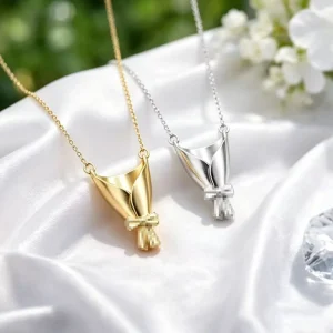 Flower Bouquet Necklace with Matte Finish and Bow-Wrapped Design, Copper Bamboo Chain