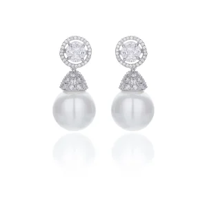 Flower Earrings with Cubic Zirconia and Faux Pearl Pendants
