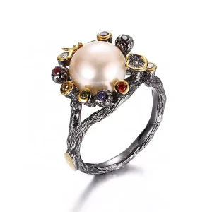 Flower Gold Plated Pink Button Pearl 925 Sterling Silver Ring with Colourful Zircon