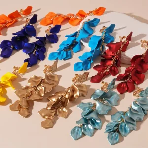 Flower Long Tassel Petal Clip-On Earrings for Women