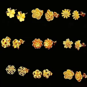 Flower Pattern 24K Yellow Gold Plated Stud Earrings for Women and Girls