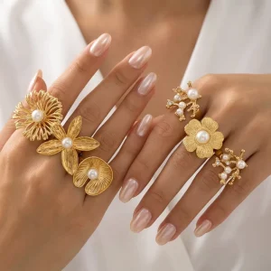 Flower Pearl 24K Gold Plated Rings for Wedding, Engagement, Party, and Daily Wear