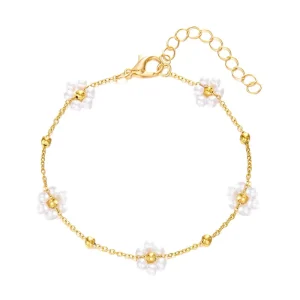 Flower Pearl Stainless Steel Bracelet, 18K Gold Plated Vintage Floral Open Bangle