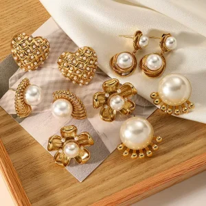 Flower Stud Earrings 18K Gold Plated Pearl Heart-Shaped Earrings