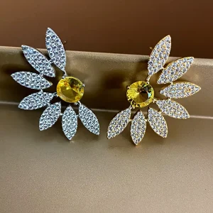 Flower Stud Earrings Colorful Zircon Paved Retro Style for Women