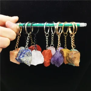 Folk Crafts Gemstone Natural Mixed Quartz Rough Raw Stone Crystal Keychain for Gift