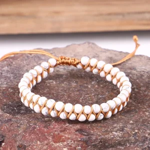 For New Model 3169 White Turquoise Beaded Bracelet 4mm Stones Double Strand Wrapped Drawstring Rope Yoga Womens