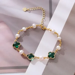 Four Leaf Clover 6-7mm Potato Shape Natural Freshwater Pearl Handmade Bracelet