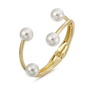 Four-Pearl Slim Curved Gold-Plated Cuff Bangle Bracelet