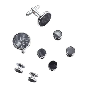 French Cufflinks Model Cufflink0058, 8 Pieces, Enamel Gold-Plated Stainless Steel, Black and White, Wedding