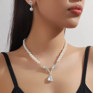 French Diamond Drop Pearl Necklace and Earrings Set