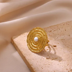 French Geometric Pearl Adjustable Stainless Steel 18K Gold-Plated Ring for Women