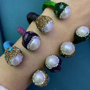 French Handmade Vintage Snakeskin-Inlaid Baroque Pearl Open Bangle Bracelet