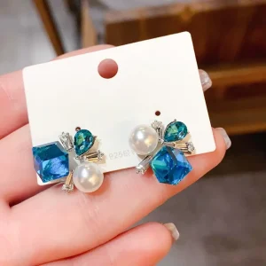 French Light Blue and Pink Square Crystal Studs Enamel Flower Pearl Bead Cubic Earrings for Girls