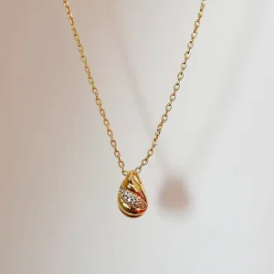 French Micro-Set Zircon Drop-Shaped Pendant Necklace Alloy Bamboo Chain for Women