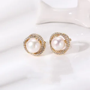 French Micro-inlay Zircon Knot Hoop Pearl Stud Earrings Vintage Geometric Party Earrings for Women