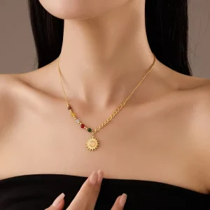 French Retro Gold Beaded Stainless Steel Sun Pendant Collarbone Chain with Flower Design