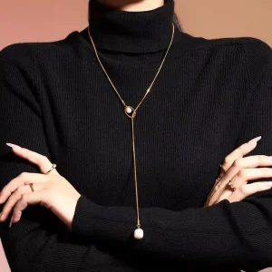French Style Tassel Faux Pearl Necklace, Long Adjustable Sweater Chain, Stainless Steel