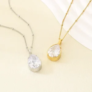French Teardrop Zircon Pendant Necklace Stainless Steel Choker for Women