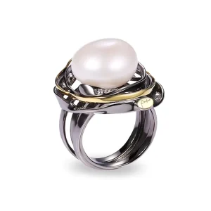Freshwater Button Pearl 925 Sterling Silver Black Gold-Plated Ring for Women