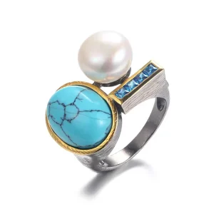 Freshwater Button Pearl 925 Sterling Silver Ring with Synthetic Turquoise and Blue Zircon