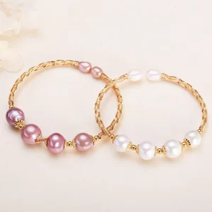 Freshwater Pearl AAAA/AAAAA Grade Open Bangle Bracelet Handmade Wire Wrapped Gold Plated Copper White Purple