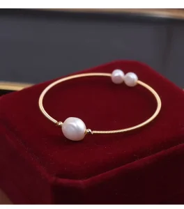 Freshwater Pearl Baroque Bangle, Handmade Gold Wire Winding Bracelet for Women