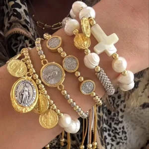 Freshwater Pearl Beaded Jesus Cross Charm Bracelet with 18K Gold Plated Adjustable Bracelet Set for Women