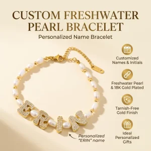 Freshwater Pearl Bracelet with Bubble Letter CZ Initial Charm, 18K Gold Plated