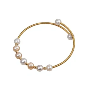 Freshwater Pearl Potato-Shaped Beaded Copper Alloy Bangle Bracelet Open Cuff Hypoallergenic AAA Grade Unisex