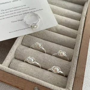 Freshwater Pearl Ring S925 Sterling Silver Natural Pearl Open Ring Minimalist Beads for Wedding