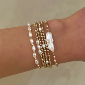 Freshwater Pearl Stackable Bracelet for Women, 18K Gold Plated Stainless Steel Beaded Stretch Design