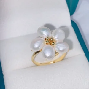 Freshwater White Baroque Pearl Five-Petal Flower Adjustable Ring for Weddings