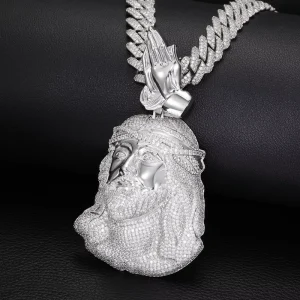 Full CZ Iced-Out Jesus Head Pendant Necklace for Men 18K Gold-Plated Streetwear Accessory